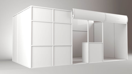 Trade exhibition stand, Exhibition round, 3D rendering visualization of exhibition equipment, Advertising space on background, with space for text ads,の写真素材