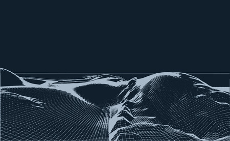 Abstract wireframe landscape background. Wireframe landscape mountains. Abstract vector background for presentations. Network cyber technology. Futuristic 3D cartography.のイラスト素材