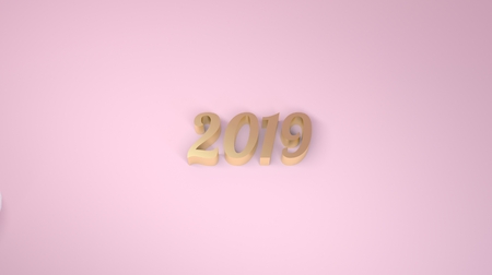 Happy new year 2019 3d rendering on marble table top with blur pastel color abstract bokeh backgroundの写真素材