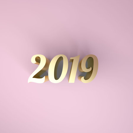 Happy new year 2019 3d rendering on marble table top with blur pastel color abstract bokeh backgroundの写真素材