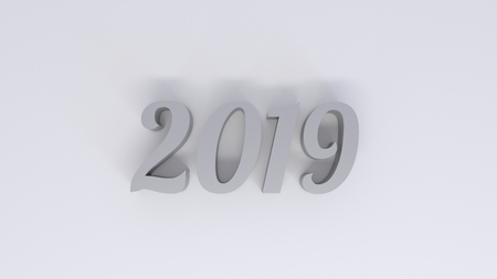 Happy new year 2019 3d rendering on marble table top with blur pastel color abstract bokeh backgroundの写真素材