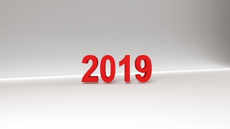 New 2019 year red 3D figures isolated on white background. 3D rendering.の写真素材