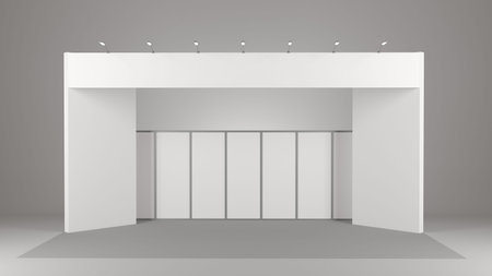 booth design in exhibition with panels from front. 3D rendering