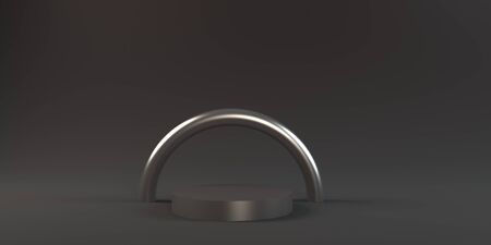 Empty silver podium stage with ring arch on dark background. 3D rendering illustrationの写真素材