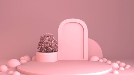3d rendered abstract white pedestal on pink background with curtains for product, cosmetic presentation. round. Valentine day.の写真素材
