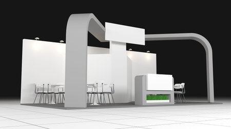 booth design in exhibition with chairs and tables. 3D rendering mockup