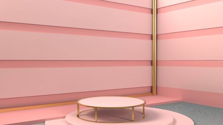 Cosmetic background for product presentation. Pink and gold abstract podium. 3d render illustration mockup.の写真素材
