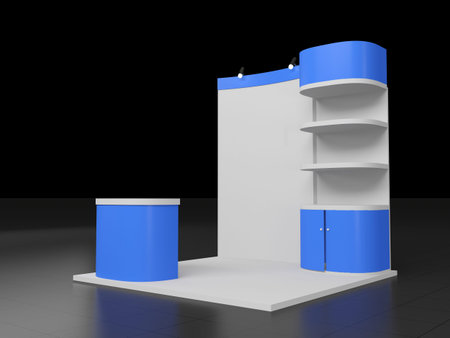 Blue 3d rendered stand or booth in a tradeshow, Virtual exhibition mockup