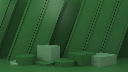 Geometric shape podiums for product display or exhibition stand on green background. 3D rendering.の写真素材