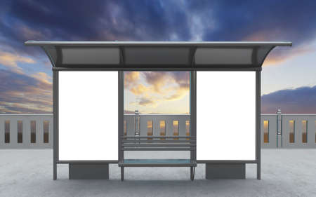 Blank white mock up of vertical billboard in a bus stopの写真素材
