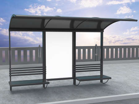 Blank white mock up of vertical billboard in a bus stopの写真素材