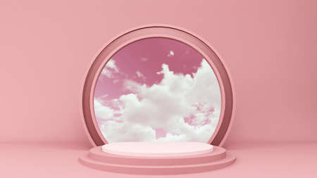 3d render illustration. Background with architectural elements. Large window overlooking the sky. Modern trendy design.の写真素材