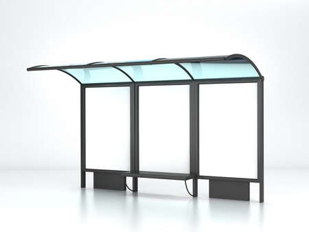 Blank white mock up of vertical billboard in a bus stop. 3d render mockupの写真素材