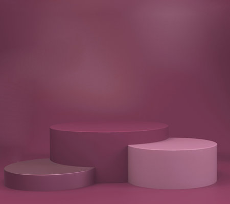Geometric shape podium for product display or exhibition stand on pink background. 3D rendering