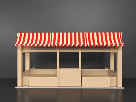 Food market kiosk, farmers shop, farm food stall, fruits and vegetables stand 3d renderingの写真素材