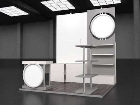 Exhibition stand plain white stand used for mock-ups and branding and Corporate identity.3d illustrationの写真素材