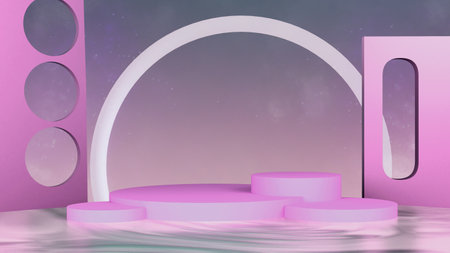 3D podium render of pink geometric background or texture. Bright pastel podium or pedestal backdropの写真素材