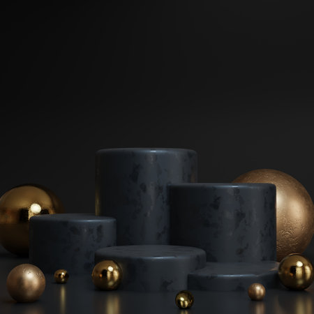 Beautiful black stand or podium, scene with black stone and black background. Black background with place for the product. Dark backgroundの写真素材