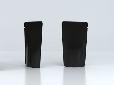3D Illustration. Plastic black Pouch Packaging Mockup in white backgroundの写真素材
