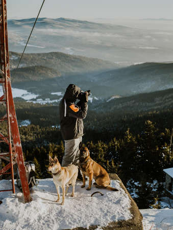 A man making pictures of a landscape in the mountains with two dogsの写真素材