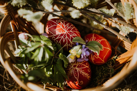 Easter eggs in a basket with flowersの写真素材