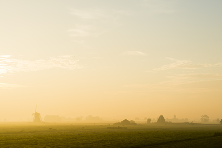 Peaceful sunrise with wind mill, cows, fog in Streefkerk, Holland.の写真素材