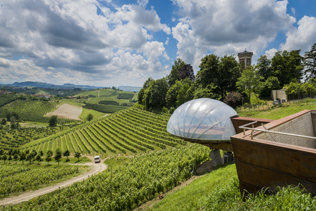 Alba, Italy - May 30, 2016: Ceretto Winery with view point,  vineyards and hills in Piedmont, Italy.のeditorial素材