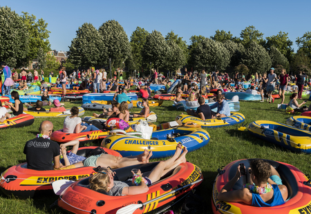 Utrecht, The Netherlands - August 6, 2016: Zodiac (Rubber Boat) Mission in Utrecht, world record, The Netherlandsのeditorial素材
