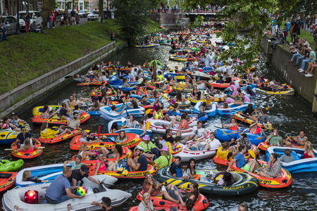Utrecht, The Netherlands - August 6, 2016: Zodiac (Rubber Boat) Mission in Utrecht, world record, The Netherlandsのeditorial素材