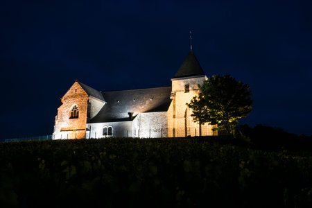 The church of Chavot with the vineyards in the Champagne district during the night, France