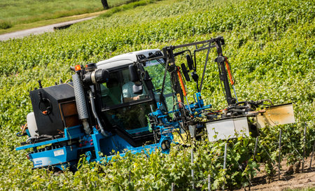 Nesle-le-Repons, France - June 8, 2017: Machinery for the vineyards at Nesle-le-Repons in Champagne district, Franceのeditorial素材