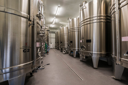 Verneuil, France - June 8, 2017: Modern wine cellar and production at Nowack-Layour Champagne in the   Champagne district, France.のeditorial素材