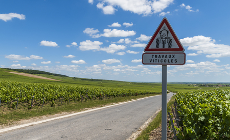 Epernay, France - June 10, 2017: Road Sign 'Travaux Viticoles', work at the vinyards in Champagne district, France.のeditorial素材