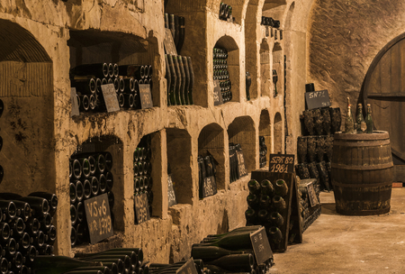 Epernay, France - June 10, 2017: Old champagne caves with 'pupitres' at the Champagne House Castellane, France.のeditorial素材
