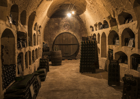 Epernay, France - June 10, 2017: Old champagne caves with 'pupitres' at the Champagne House Castellane, France.のeditorial素材