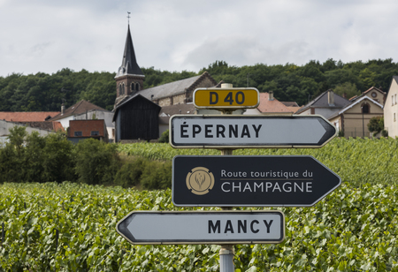 Epernay, France - June 11, 2017: Sign of the Route Touristique du Champagne with in the background vineyards of the Champagne district Vallee de Marne, France.のeditorial素材