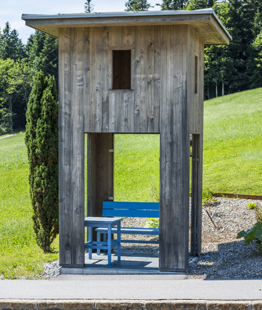Krumbach, Austria - July 22, 2017: Busstop by architect Bus Stop Bregenzerwald Alexander Brodsky,  Krumbach, Bregenzer Wald, Austria.のeditorial素材