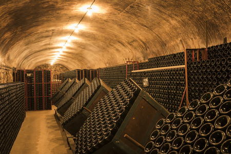 Hautvillers, France - August 11, 2017: Champagne caves and cellars with champagne bottles in Hautvillers near Reims and Epernay.のeditorial素材