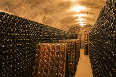 Hautvillers, France - August 11, 2017: Champagne caves and cellars with champagne bottles in Hautvillers near Reims and Epernay.のeditorial素材