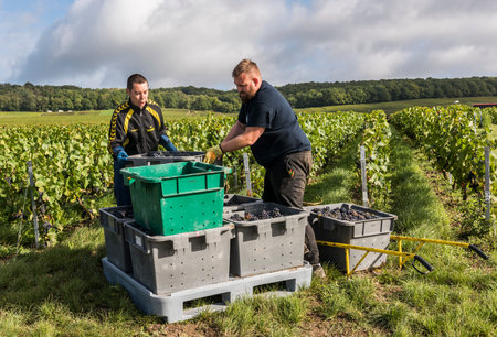 Trepail, France - August11, 2017: Harvest in the vineyards with workers with crates in the Champagne region with fields of pinot noir grapes.のeditorial素材