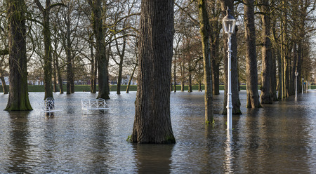 Flood in Deventer at the river IJssel in Gelderland with the flooded park Worp.の写真素材