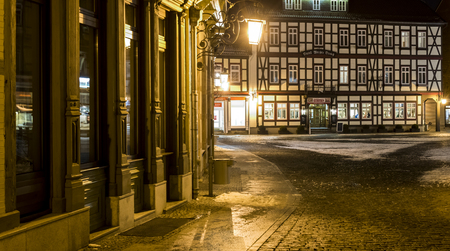 Wernigerode, Germany - February 6, 2018: Center of Wernigerode at the Marktplatz at night in winter time.のeditorial素材