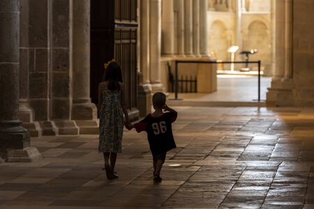 Vezelay, France - July 29, 2018: Church service with children in the romanesque church and abbey of Vezelay in Yonne, France.のeditorial素材