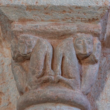 Gourdon, France - August 3, 2018: Capital of the Romanesque church in Gourdon, Saone-et-Loire, France.のeditorial素材