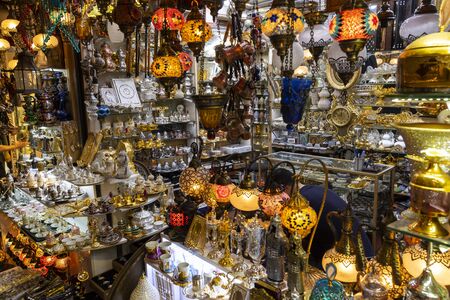 Istanbul, Turkey - April 29, 2019: Lamp shop in the great bazaar in Instanbul with colored lamps packed in the shop.のeditorial素材