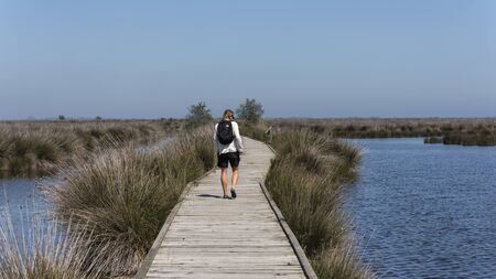 Kizilirmak Tukey - May 4, 2019: Man hiking on a jetty in the Kizilirmak Delta Turkey in springtime with blue sky.のeditorial素材
