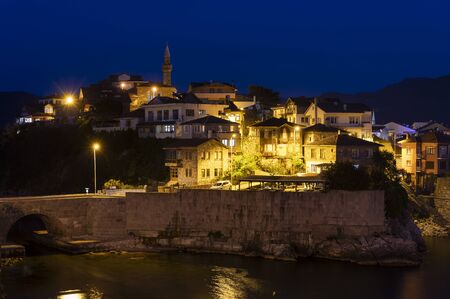 Amasra, Turkey - May 1, 2019: Village of Amasra with harbor and the old twon on the hill during the night.のeditorial素材