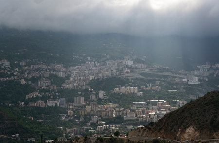 Artvin, Turkey - May 8, 2019: The city of Artvin with lots of houses and flats built on the mountain.のeditorial素材