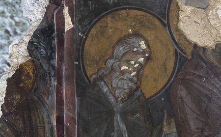 Vazelon, Turkey - May 6, 2019: Fresco of portrait of a saint at the destroyed and abandoned monastery of Vazelon, Turkey.のeditorial素材