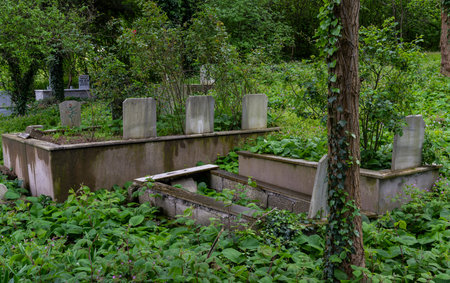 Alapinar, Turkey - May 2, 2019: Islamic graveyard wit a few graves with plants and tombstones.